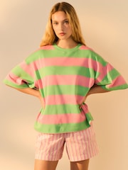 Pink/Green Stripe Oversized Relaxed Fit Boxy Heavyweight Crew Neck T-Shirt - Image 2 of 4