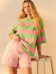Pink/Green Stripe Oversized Relaxed Fit Boxy Heavyweight Crew Neck T-Shirt - Image 4 of 4
