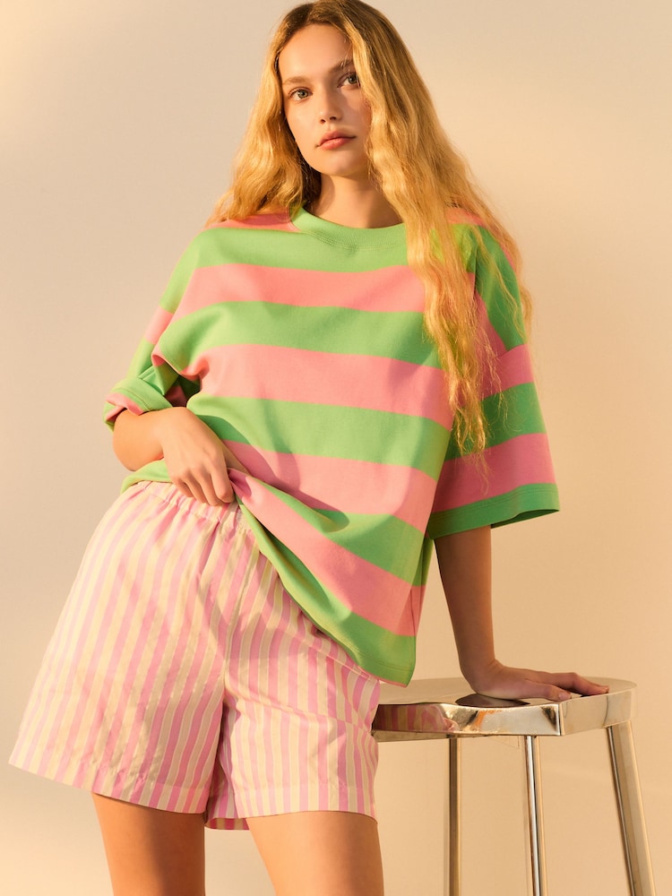 Pink/Green Stripe Oversized Relaxed Fit Boxy Heavyweight Crew Neck T-Shirt - Image 4 of 4