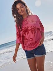 Pink Tonal Palm Graphic Oversized Relaxed Fit Boxy Heavyweight Crew Neck T-Shirt - Image 1 of 9