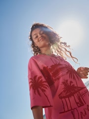 Pink Tonal Palm Graphic Oversized Relaxed Fit Boxy Heavyweight Crew Neck T-Shirt - Image 4 of 9