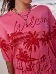 Pink Tonal Palm Graphic Oversized Relaxed Fit Boxy Heavyweight Crew Neck T-Shirt - Image 5 of 9