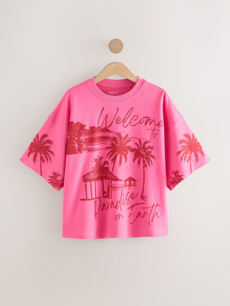 Pink Tonal Palm Graphic Oversized Relaxed Fit Boxy Heavyweight Crew Neck T-Shirt - Image 6 of 9