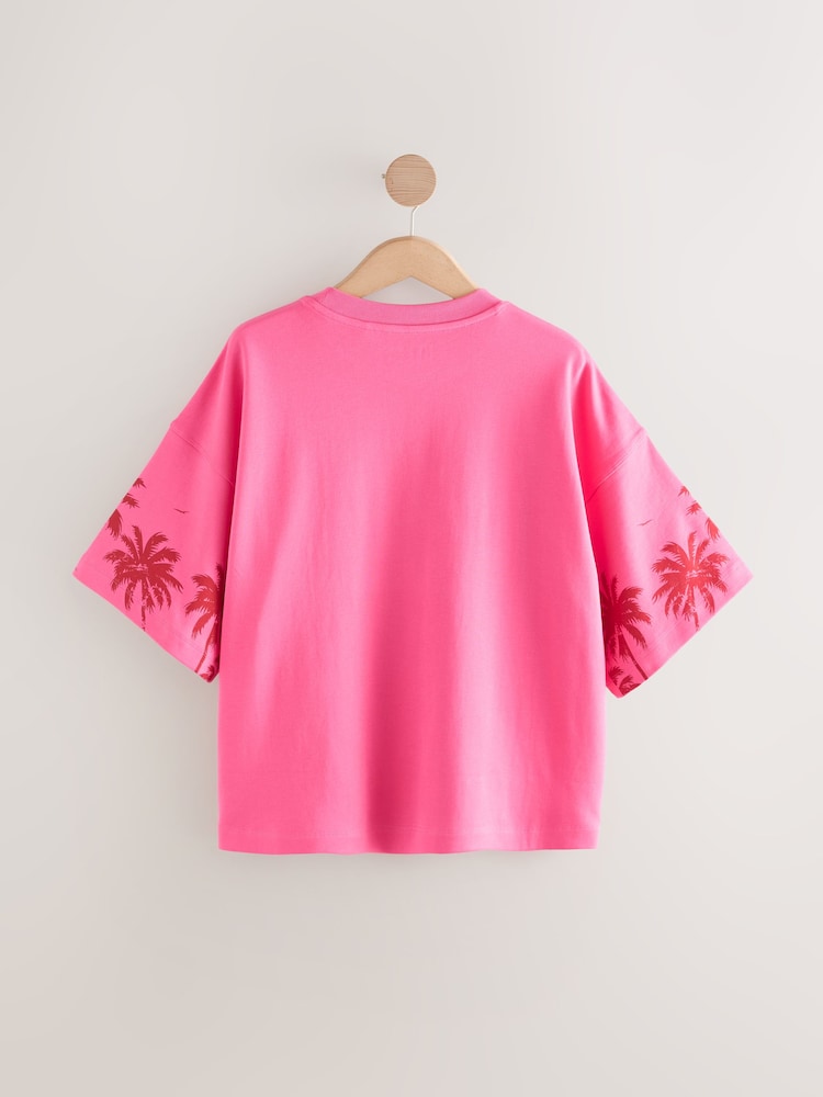 Pink Tonal Palm Graphic Oversized Relaxed Fit Boxy Heavyweight Crew Neck T-Shirt - Image 7 of 9