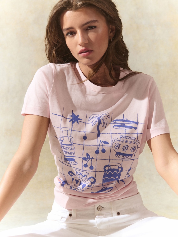 Graphic Pink Urn Print Essential Pure Cotton Short Sleeve Crew Neck T-Shirt - Image 1 of 7