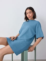 Washed Indigo Blue Relaxed Fit Short Sleeve 100% Cotton Crew Neck Mini Dress - Image 1 of 7