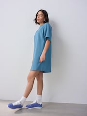 Washed Indigo Blue Relaxed Fit Short Sleeve 100% Cotton Crew Neck Mini Dress - Image 2 of 7
