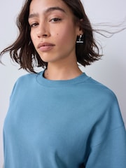 Washed Indigo Blue Relaxed Fit Short Sleeve 100% Cotton Crew Neck Mini Dress - Image 4 of 7