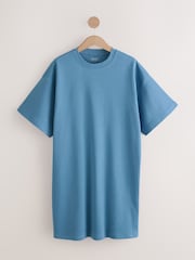 Washed Indigo Blue Relaxed Fit Short Sleeve 100% Cotton Crew Neck Mini Dress - Image 5 of 7