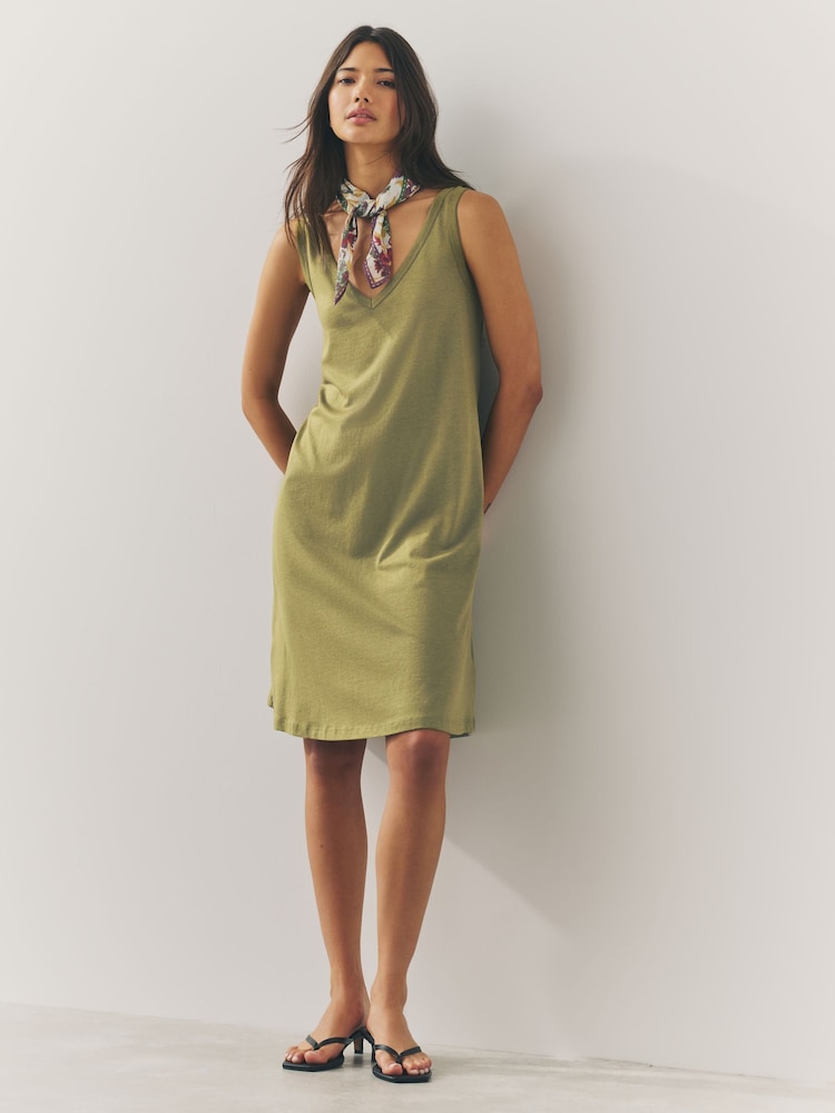Khaki Green Sleeveless V-Neck Slouch Dress - Image 1 of 6