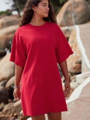 Red Relaxed Fit Short Sleeve 100% Cotton Crew Neck Mini Dress - Image 1 of 7