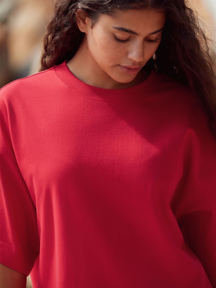 Red Relaxed Fit Short Sleeve 100% Cotton Crew Neck Mini Dress - Image 2 of 7