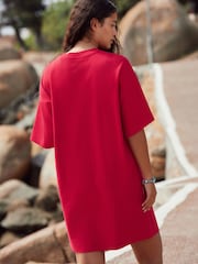 Red Relaxed Fit Short Sleeve 100% Cotton Crew Neck Mini Dress - Image 3 of 7