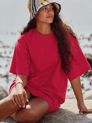 Red Relaxed Fit Short Sleeve 100% Cotton Crew Neck Mini Dress - Image 4 of 7