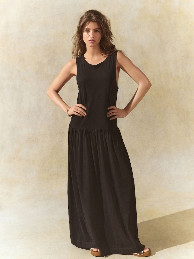 Black Drop Waist Maxi Length Jersey Dress - Image 1 of 6