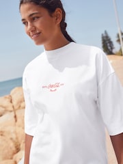 Ecru White Pool Scene Cotton Official Coca Cola Licence Graphic Short Sleeve Crew Neck T-Shirt - Image 2 of 8