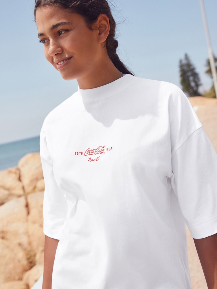 Ecru White Pool Scene Cotton Official Coca Cola Licence Graphic Short Sleeve Crew Neck T-Shirt - Image 2 of 8 Ecru White Pool Scene Cotton Official Coca Cola Licence Graphic Short Sleeve Crew Neck T-Shirt - Image 2 of 8