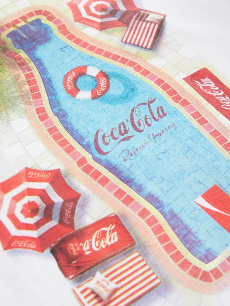 Ecru White Pool Scene Cotton Official Coca Cola Licence Graphic Short Sleeve Crew Neck T-Shirt - Image 8 of 8