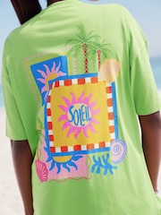 Bright Green Colourful Sun Graphic Relaxed Fit Short Sleeve Seam Detail Skater Style 100% Cotton T-Shirt - Image 2 of 8