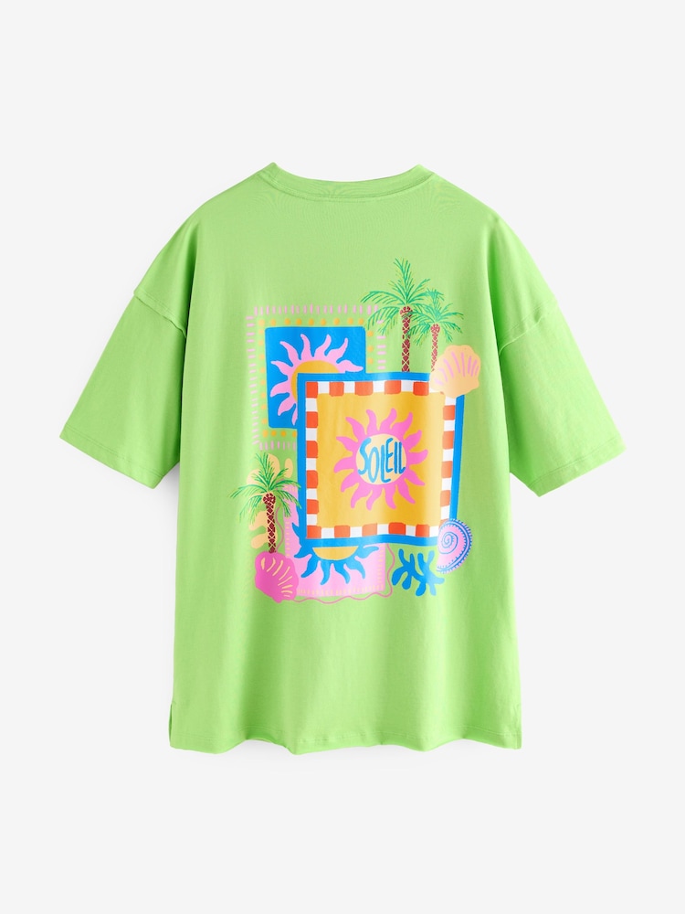 Bright Green Colourful Sun Graphic Relaxed Fit Short Sleeve Seam Detail Skater Style 100% Cotton T-Shirt - Image 2 of 8