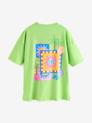 Bright Green Colourful Sun Graphic Relaxed Fit Short Sleeve Seam Detail Skater Style 100% Cotton T-Shirt - Image 6 of 8