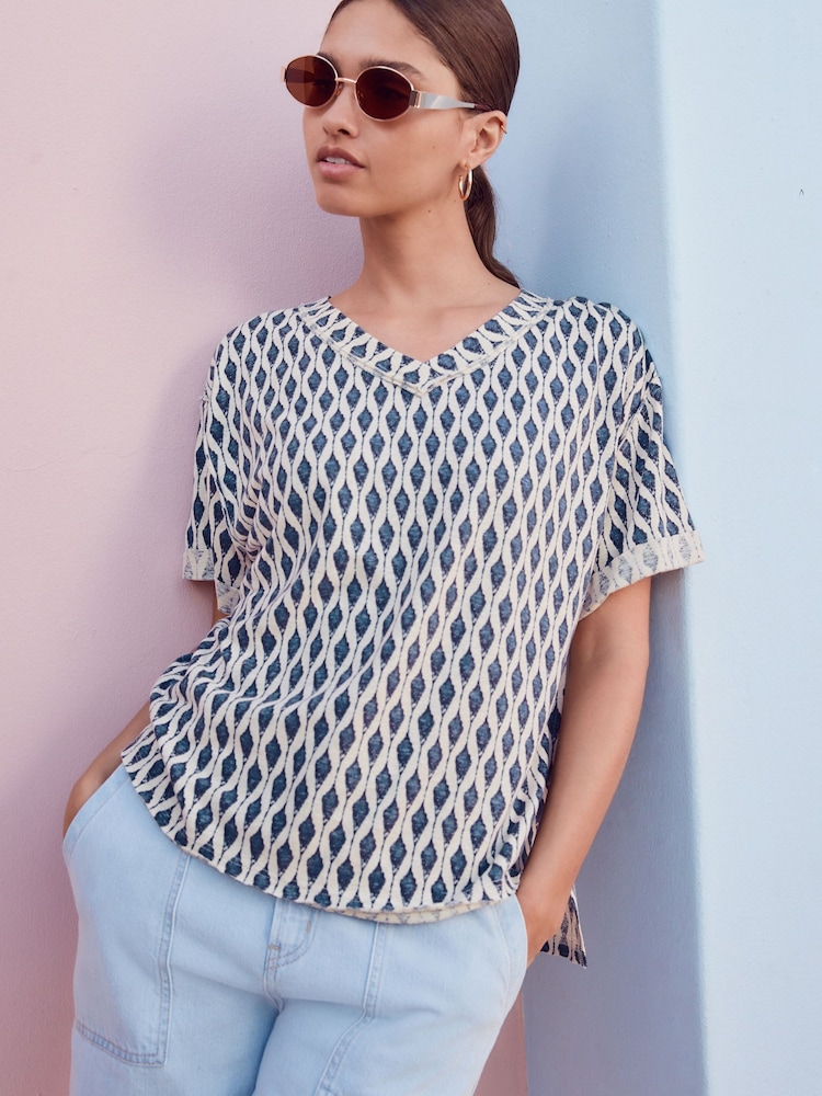 White/Blue Oversized V-Neck Short Sleeve T-Shirt - Image 1 of 7