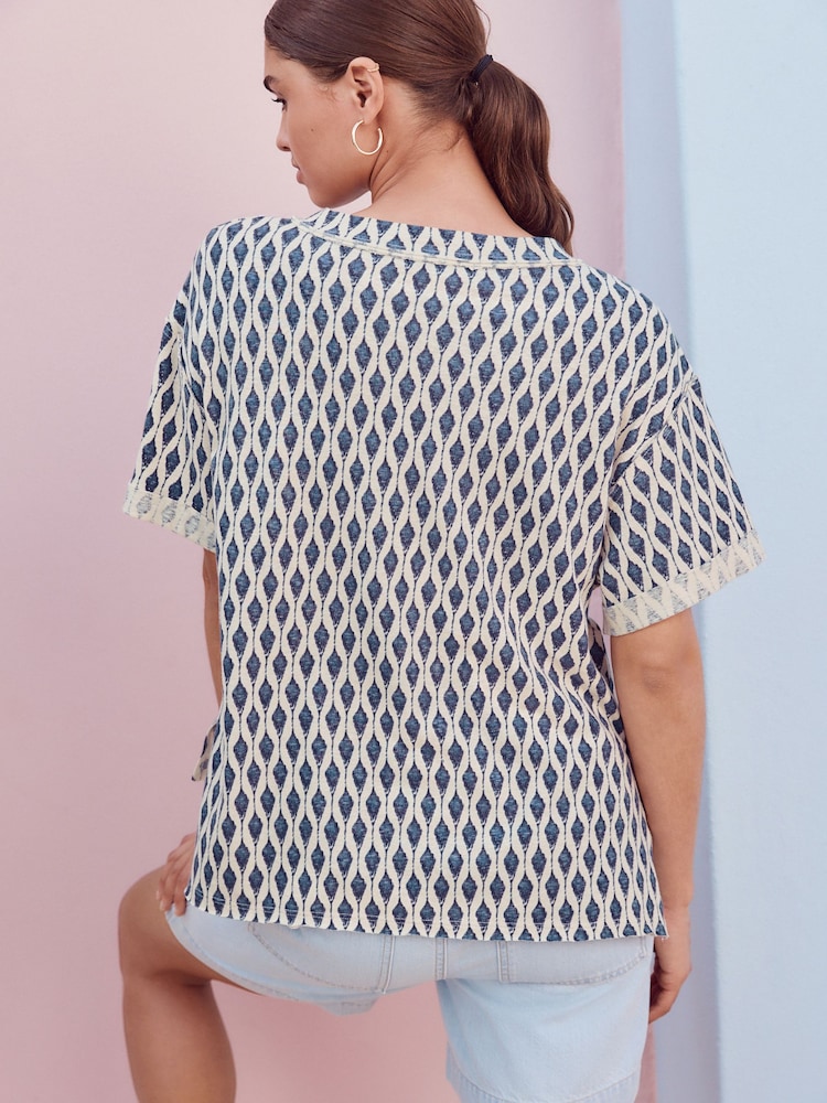White/Blue Oversized V-Neck Short Sleeve T-Shirt - Image 2 of 7