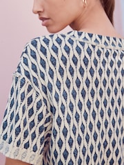 White/Blue Oversized V-Neck Short Sleeve T-Shirt - Image 4 of 7