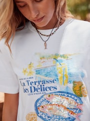 Ecru White Coastal Scene Beaded Graphic Heavyweight Short Sleeve Provence Graphic Crew Neck T-Shirt - Image 4 of 8