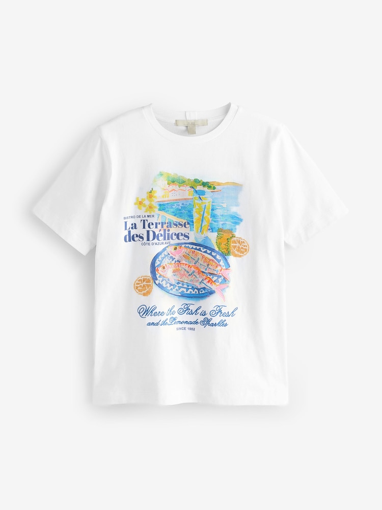 Ecru alb - Tricou gros cu mânecă scurtă, guler rotund, cu grafică de pește cu mărgele de coastă - Image 5 of 8