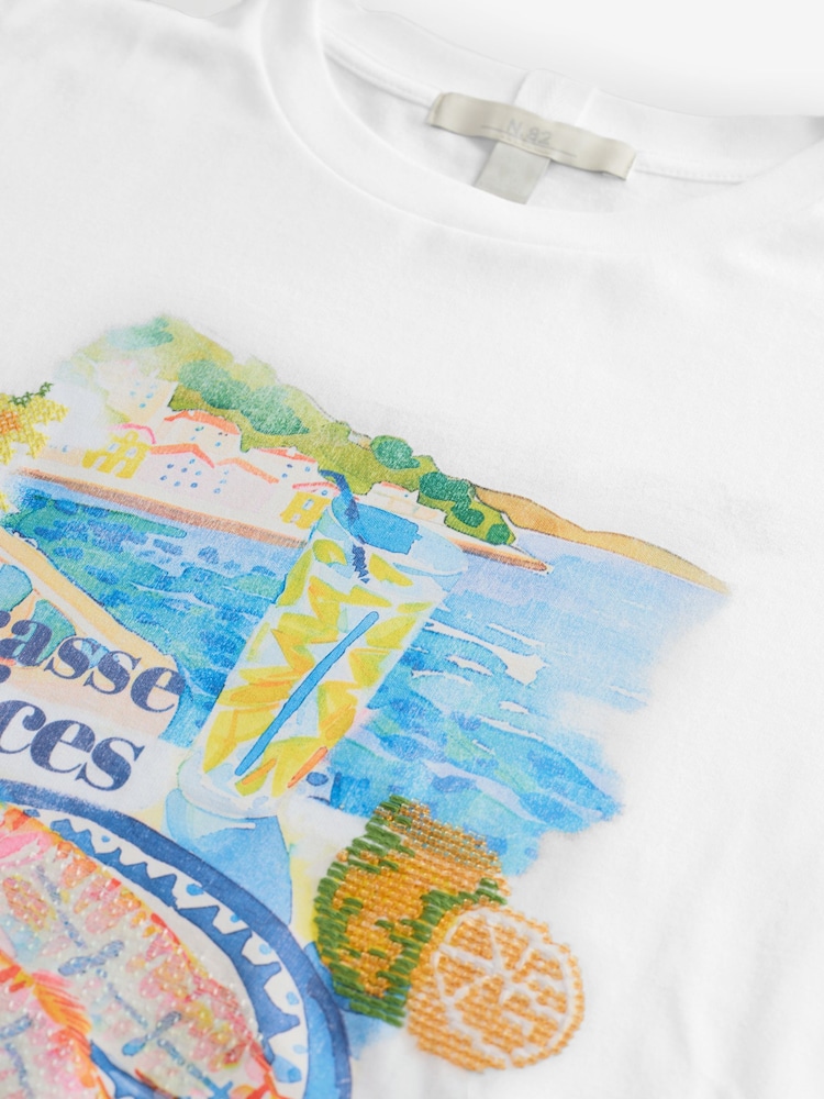 Ecru alb - Tricou gros cu mânecă scurtă, guler rotund, cu grafică de pește cu mărgele de coastă - Image 7 of 8
