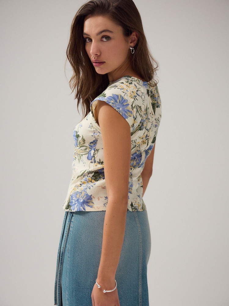 Floral Washed Open Seam Detailing Raglan Short Sleeve Crew Neck T-Shirt - Image 4 of 4