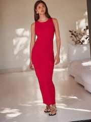 Red Ribbed Racer Back Sleeveless Maxi Length Dress - Image 1 of 7