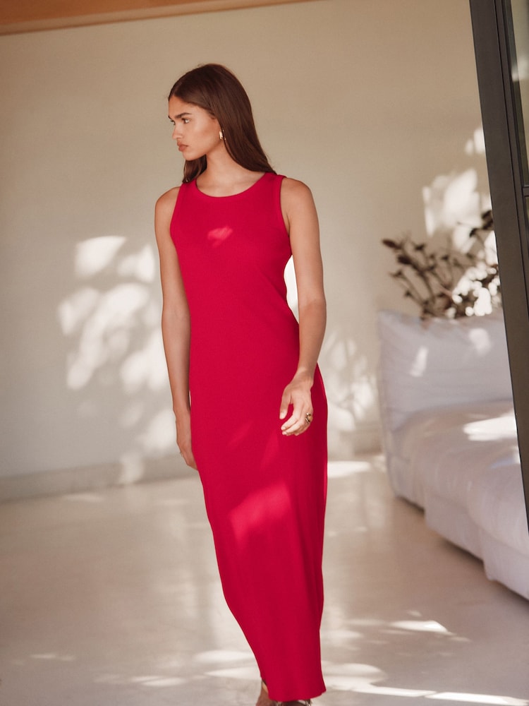 Red Ribbed Racer Back Sleeveless Maxi Length Dress - Image 2 of 7
