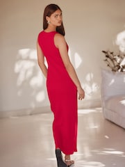 Red Ribbed Racer Back Sleeveless Maxi Length Dress - Image 3 of 7
