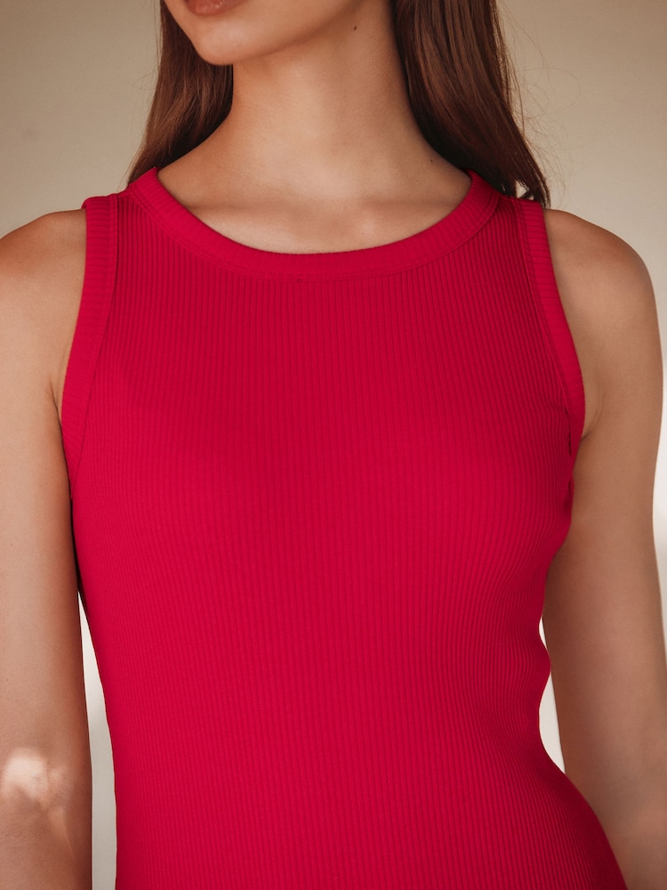Red Ribbed Racer Back Sleeveless Maxi Length Dress - Image 4 of 7