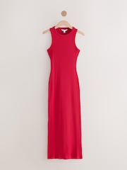 Red Ribbed Racer Back Sleeveless Maxi Length Dress - Image 5 of 7