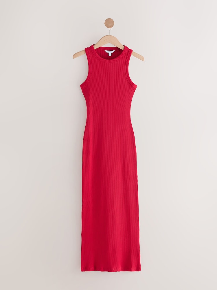 Red Ribbed Racer Back Sleeveless Maxi Length Dress - Image 5 of 7