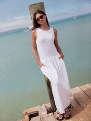 White Drop Waist Maxi Length Jersey Dress - Image 1 of 8