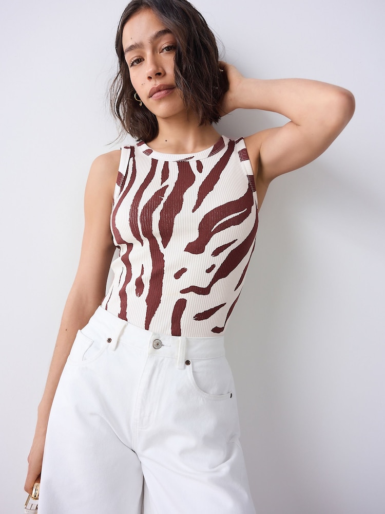 Zebra Print Ribbed Racer Tank Vest Sleeveless Top - Image 2 of 8