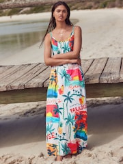 Bright All Over Print Maxi Length Trapeze Shape Ruched Neckline Thin Vest Strap Dress - Image 1 of 6