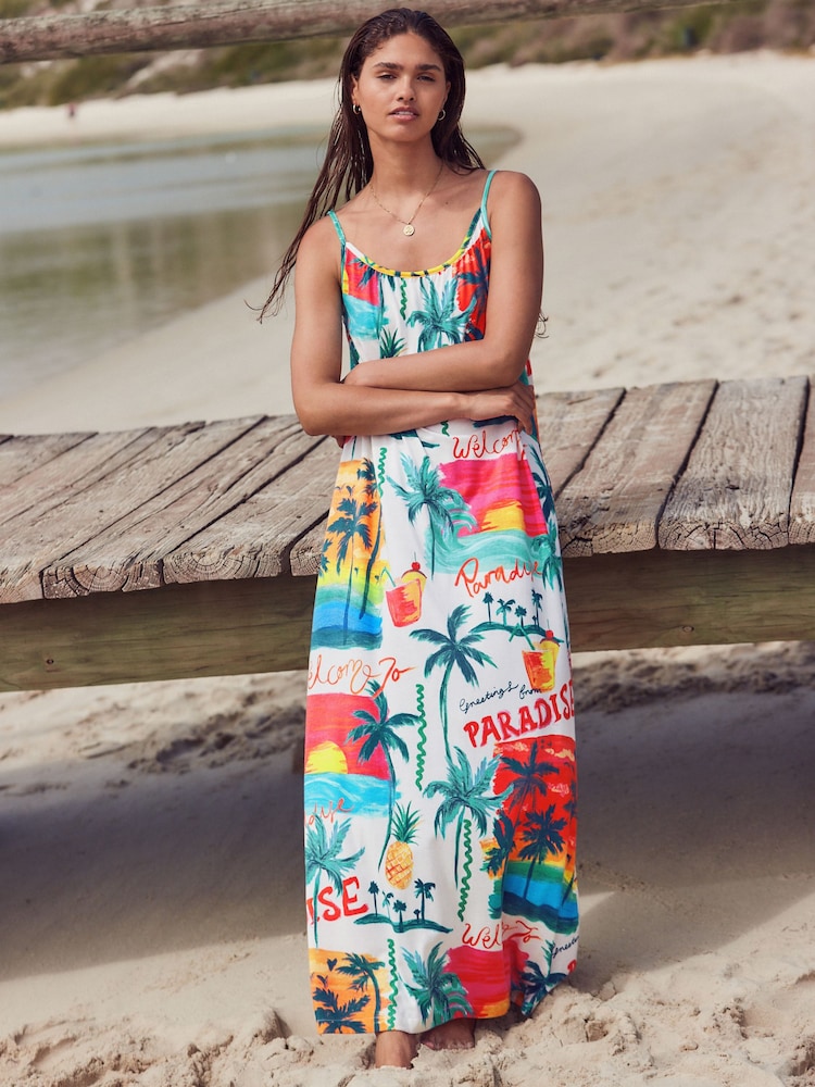 Bright All Over Print Maxi Length Trapeze Shape Ruched Neckline Thin Vest Strap Dress - Image 1 of 6