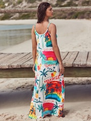 Bright All Over Print Maxi Length Trapeze Shape Ruched Neckline Thin Vest Strap Dress - Image 3 of 6