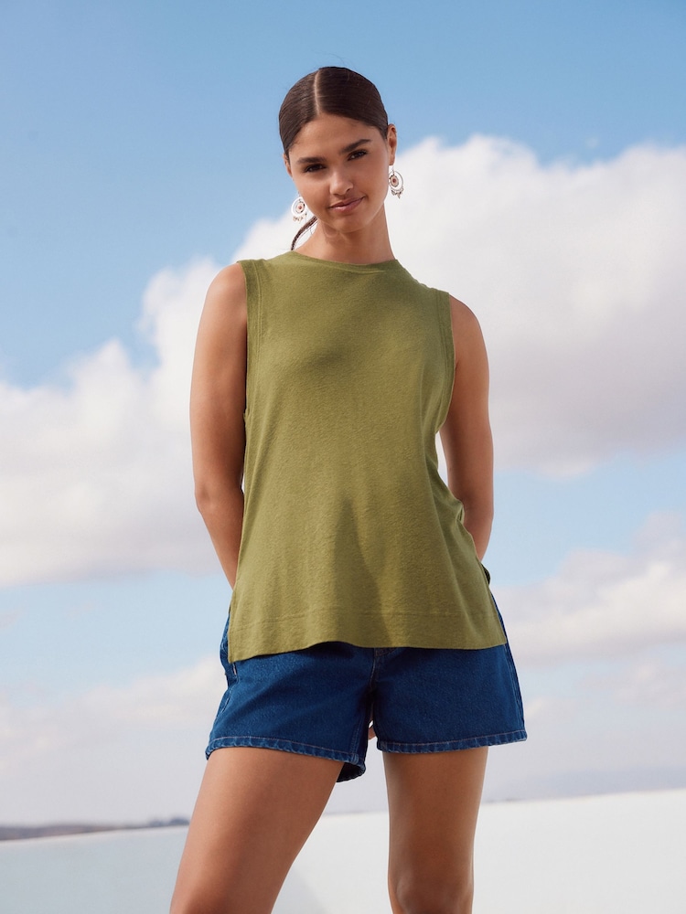 Verde caqui - Top sin mangas de cuello redondo en mezcla de lino y modal suave al tacto - Imagen 1 de 7 Verde caqui - Top sin mangas de cuello redondo en mezcla de lino y modal suave al tacto - Imagen 1 de 7