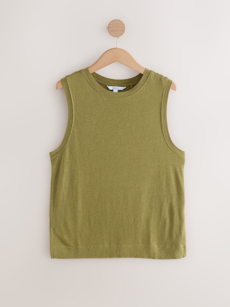 Khaki Green Linen Modal Soft Touch Sleeveless Crew Neck Tank Vest Top - Image 5 of 7