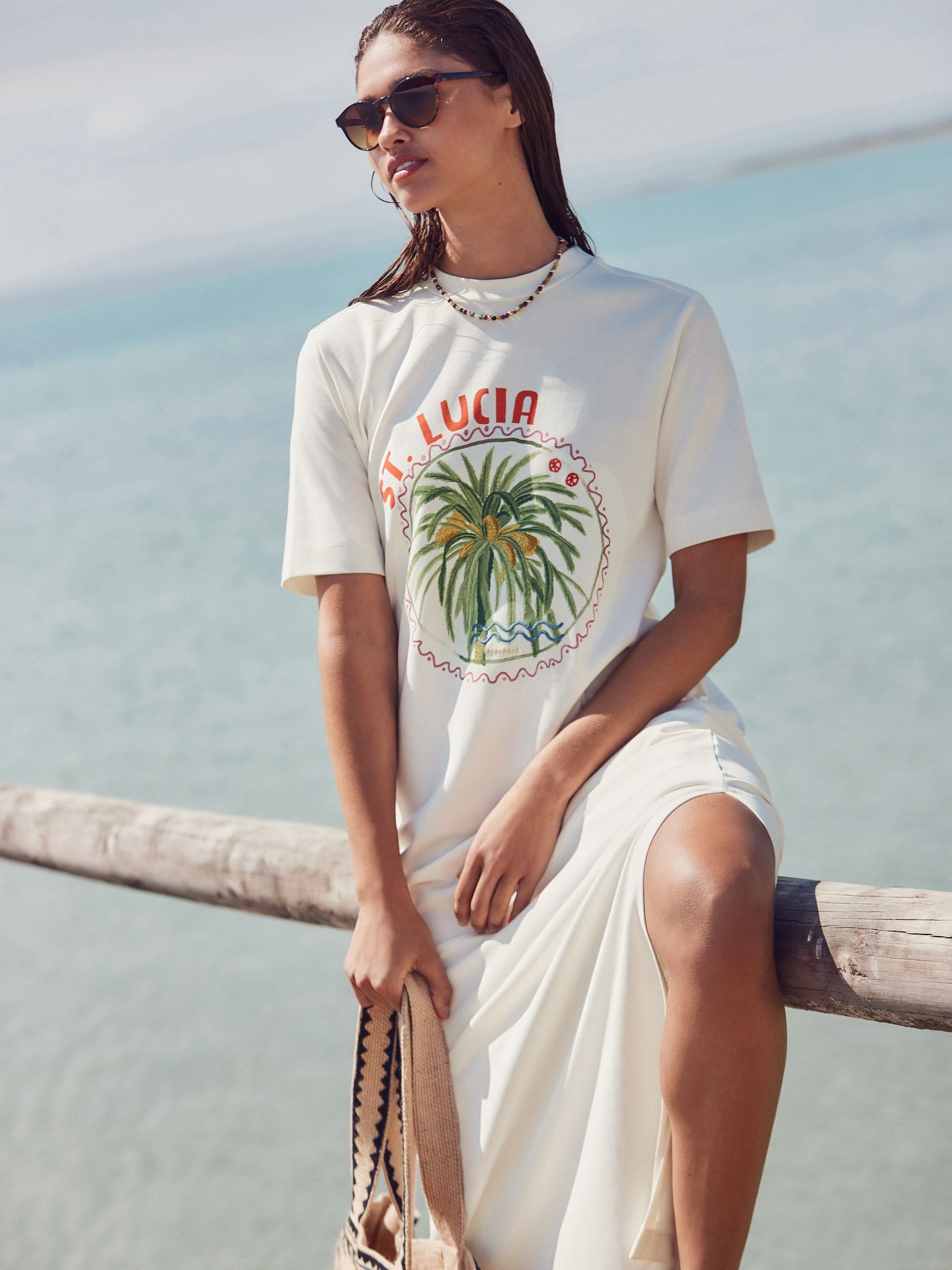 Palm Graphic Ecru White Heavyweight Short Sleeve Crew Neck Maxi T-Shirt Dress