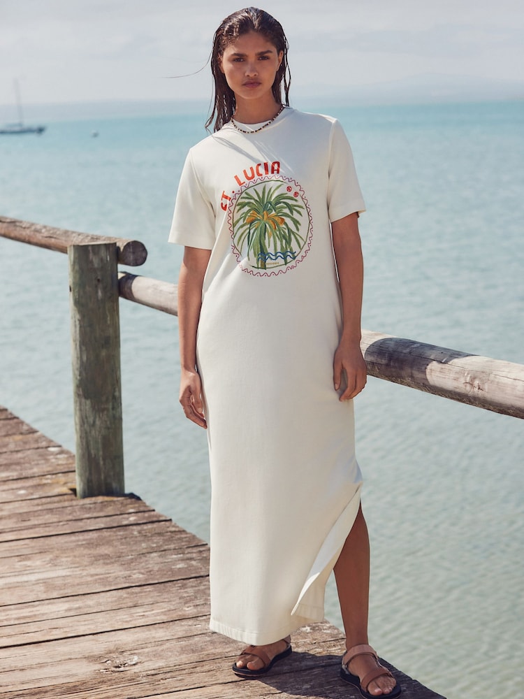 Palm Graphic Ecru White Heavyweight Short Sleeve Crew Neck Maxi T-Shirt Dress - Image 3 of 7