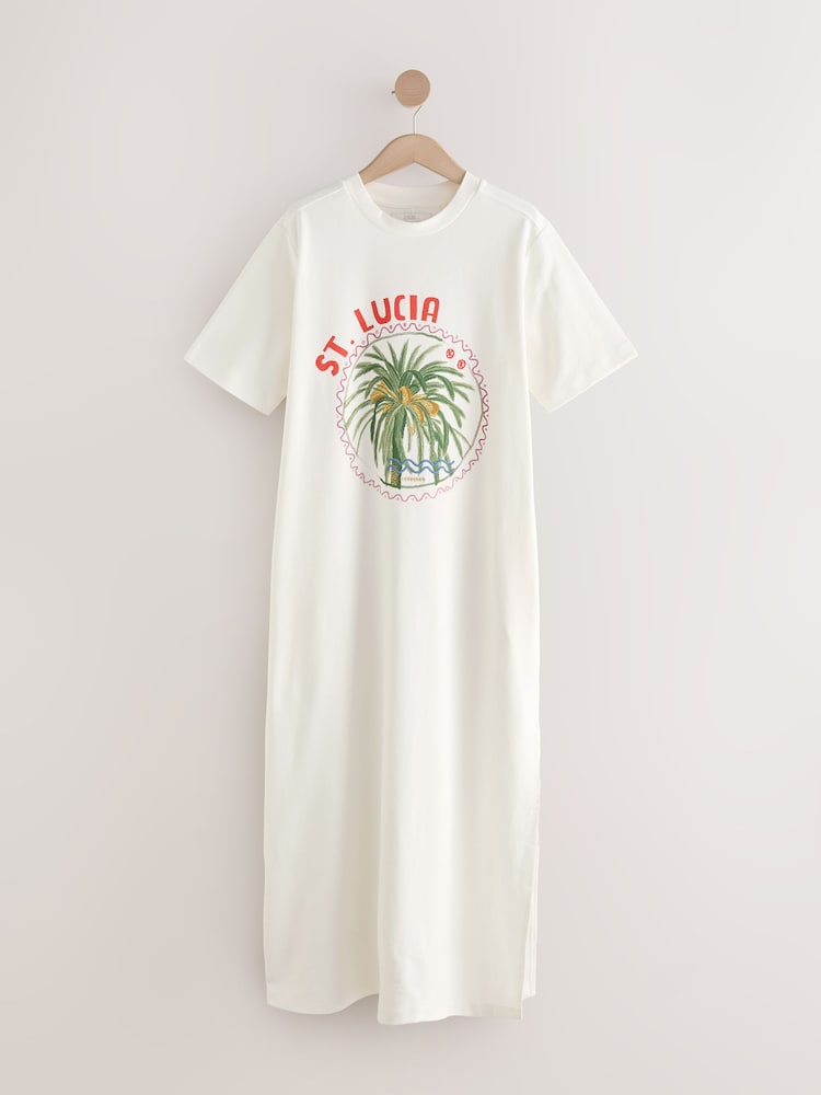 Palm Graphic Ecru White Heavyweight Short Sleeve Crew Neck Maxi T-Shirt Dress - Image 5 of 7