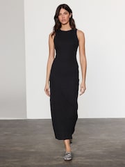 Black Ribbed Racer Back Sleeveless Maxi Length Dress - Image 1 of 7