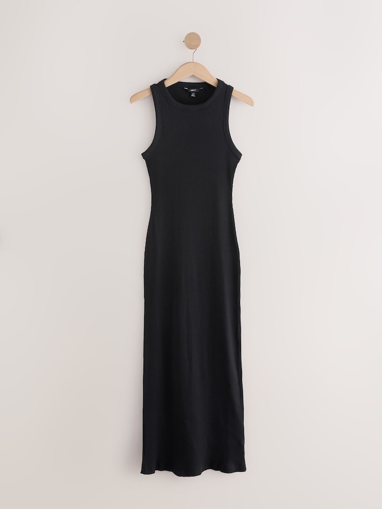 Buy Black Ribbed Racer Back Sleeveless Maxi Length Dress from the